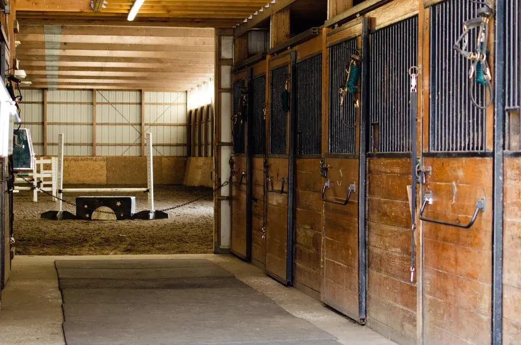 Interior barn aisle of wooden horse stalls beside the indoor riding ring